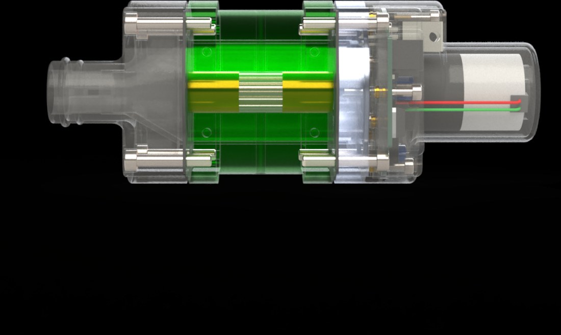 Pump section view showing internal gear set and coolant jacket